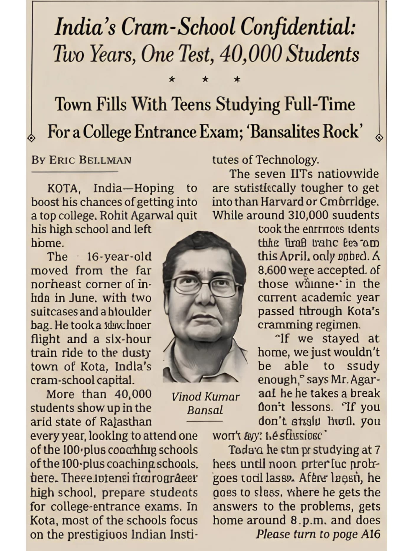 Close view of The Wall Street Journal's 2008 article featuring V.K. Bansal